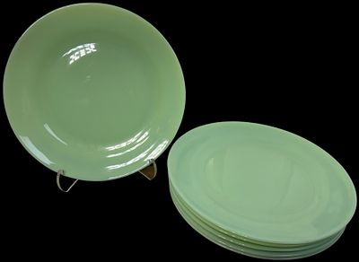 Jadeite Green Glass Restaurant Ware Style Dinner Plates. opaque green glass dinner plates in the 