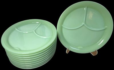 Vintage Fire-King Jadeite Restaurant Ware Three-Compartment Grill Plates. circular divided grill 