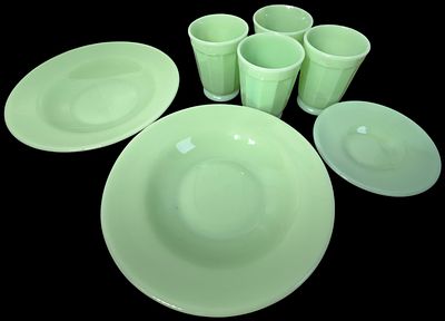 Set of Jadeite Glass Tableware. opaque light-green jadeite milk glass tableware. The collection 