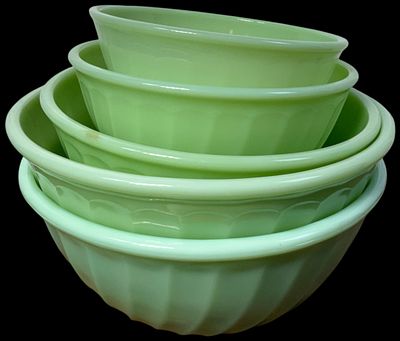 Fire-King Jadeite Swirl Pattern Nesting Mixing Bowls. nested mixing bowls in Jadeite glass 