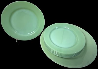 Set of Fire-King Jadeite Restaurant Ware Plates and Platters. vintage Jadeite glassware is 