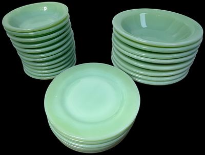 Collection of Anchor Hocking Fire-King Jadeite Restaurant Ware Glassware. opaque green milk 