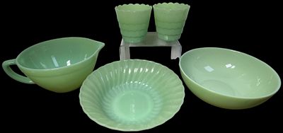 Anchor Hocking Fire-King Jadeite Glass Kitchenware Items. opaque green pressed milk glass was 