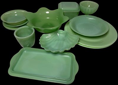 Collection of Fire-King Jadeite Glassware. A collection of several light green opaque glassware 