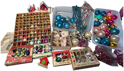 A Collection of Vintage Glass Christmas Ornaments and Holiday Decorations Including Shiny Brite 