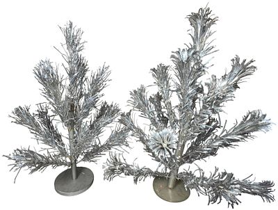 Two Vintage Aluminum Tabletop Christmas Trees with Original Boxes, Evergleam and Treasure Pine. T 