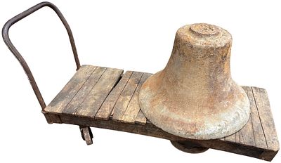 Large Cast Iron Bell on a Nutting Industrial Warehouse Cart. This heavy industrial lot consists 