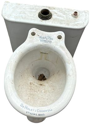 Antique Peerless Vitreous Two-Piece Porcelain Toilet with Athens DeMolet and Cornwell Markings. T 