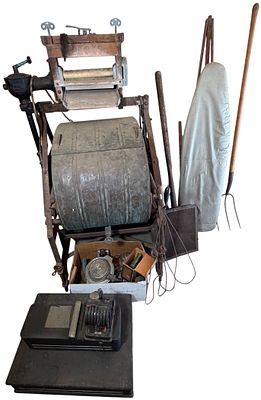 An Assortment of Antique Laundry, Domestic, Office Equipment including a 1900 Cataract Washing 
