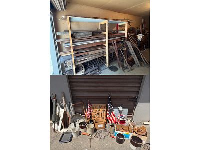 Wooden primitives, lodge chairs, mining, antiques, collectibles lot. The lot includes a pair of 