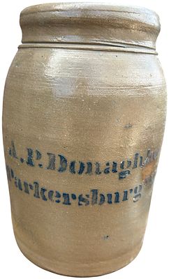 A.P. Donaghho Parkersburg, West Virginia Salt-Glazed Stoneware Wax Sealer Jar. Half gallon. This 