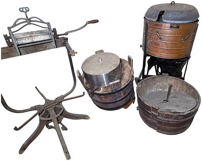 A Collection of Antique Early 20th Century Laundry Equipment and Wooden Utility Tubs. A 