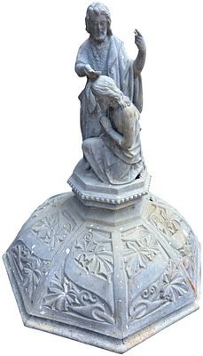 19th Century Cast Zinc Figural Group of a Man and Child on Hexagonal Base. This late 19th or 