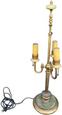 Neoclassical Style Three-Light Candelabra Table Lamp with Green Onyx Accents. This three-light 
