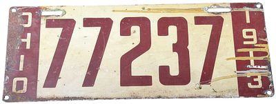 1913 Ohio Porcelain Enamel on Steel License Plate Number 77237. This original early 20th-century 