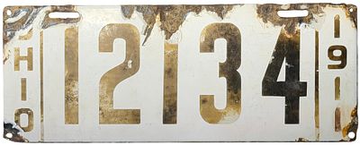 1911 Ohio Porcelain Enameled Iron License Plate Number 12134 by Ingram-Richardson Mfg. Co. This 