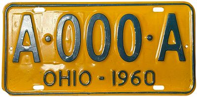 Vintage 1960 Ohio Stamped Metal License Plate A-000-A. This is a vintage 1960 Ohio passenger car 