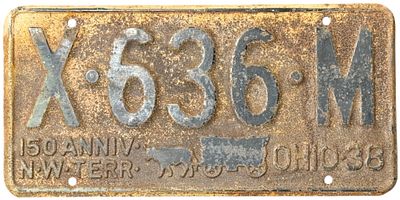 1938 Ohio 150th Anniversary Northwest Territory Commemorative License Plate. A vintage 1938 Ohio 