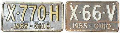 Two Vintage 1955 Ohio State License Plates. This lot consists of two embossed steel vehicle 