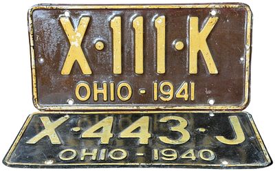 A Pair of Vintage Ohio Embossed Metal License Plates, 1940 and 1941. This lot consists of two 