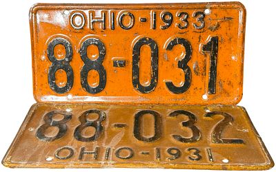 A Pair of Vintage Ohio Stamped Metal License Plates 1931 and 1933. A pair of vintage 