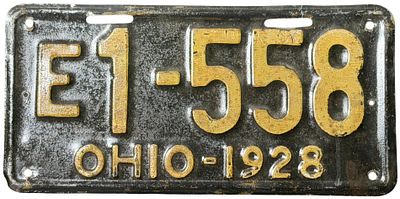 1928 Ohio Embossed Steel License Plate, E1-558. An antique embossed steel motor vehicle license 