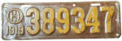 1919 Ohio Stamped Metal License Plate No. 389347. This is an original stamped steel automobile 
