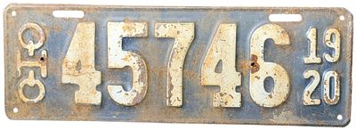 Antique 1920 Ohio Embossed Metal License Plate. This is a 1920 Ohio passenger vehicle license 