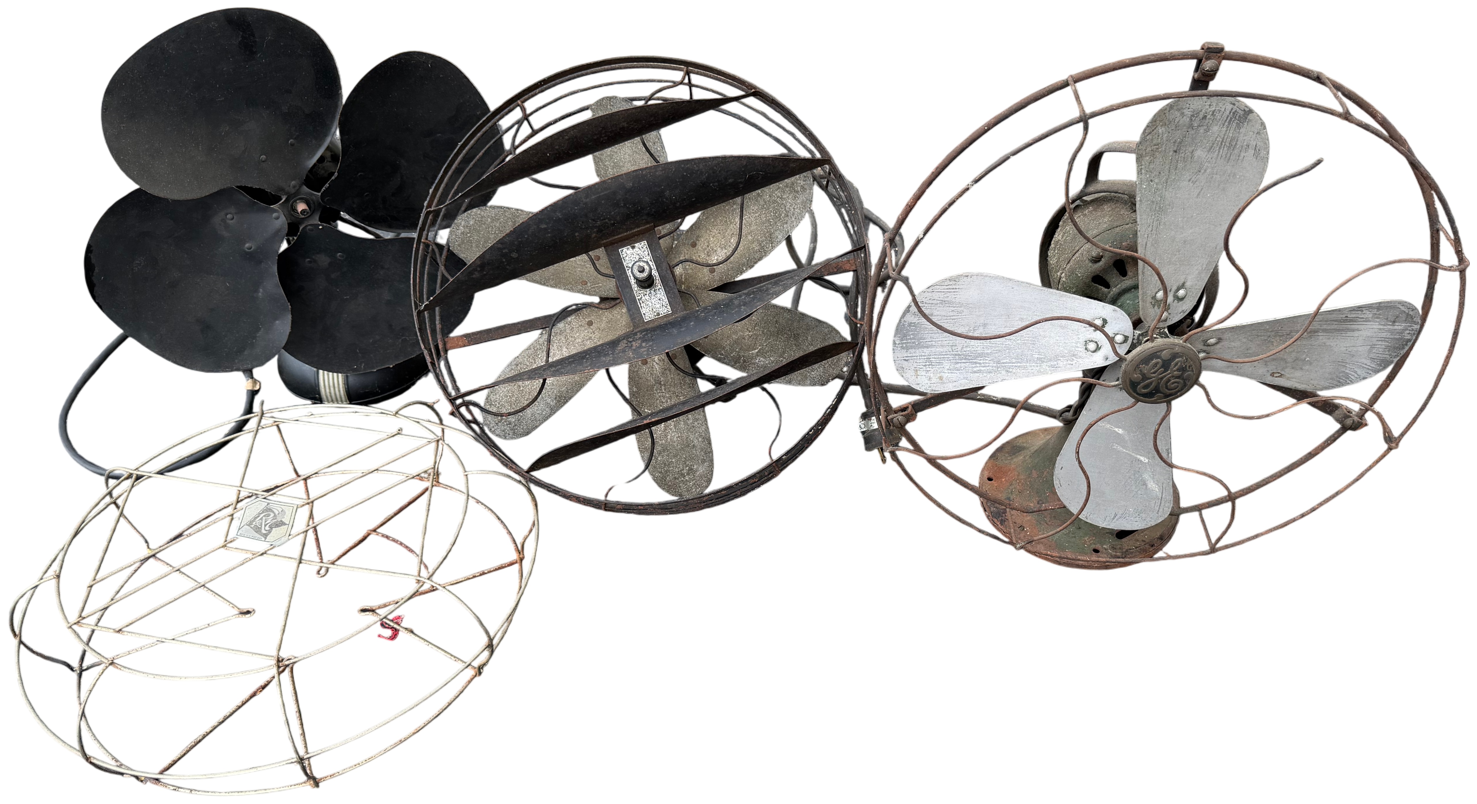 An Assortment of Vintage Electric Desk Fans and Spare Fan Cage