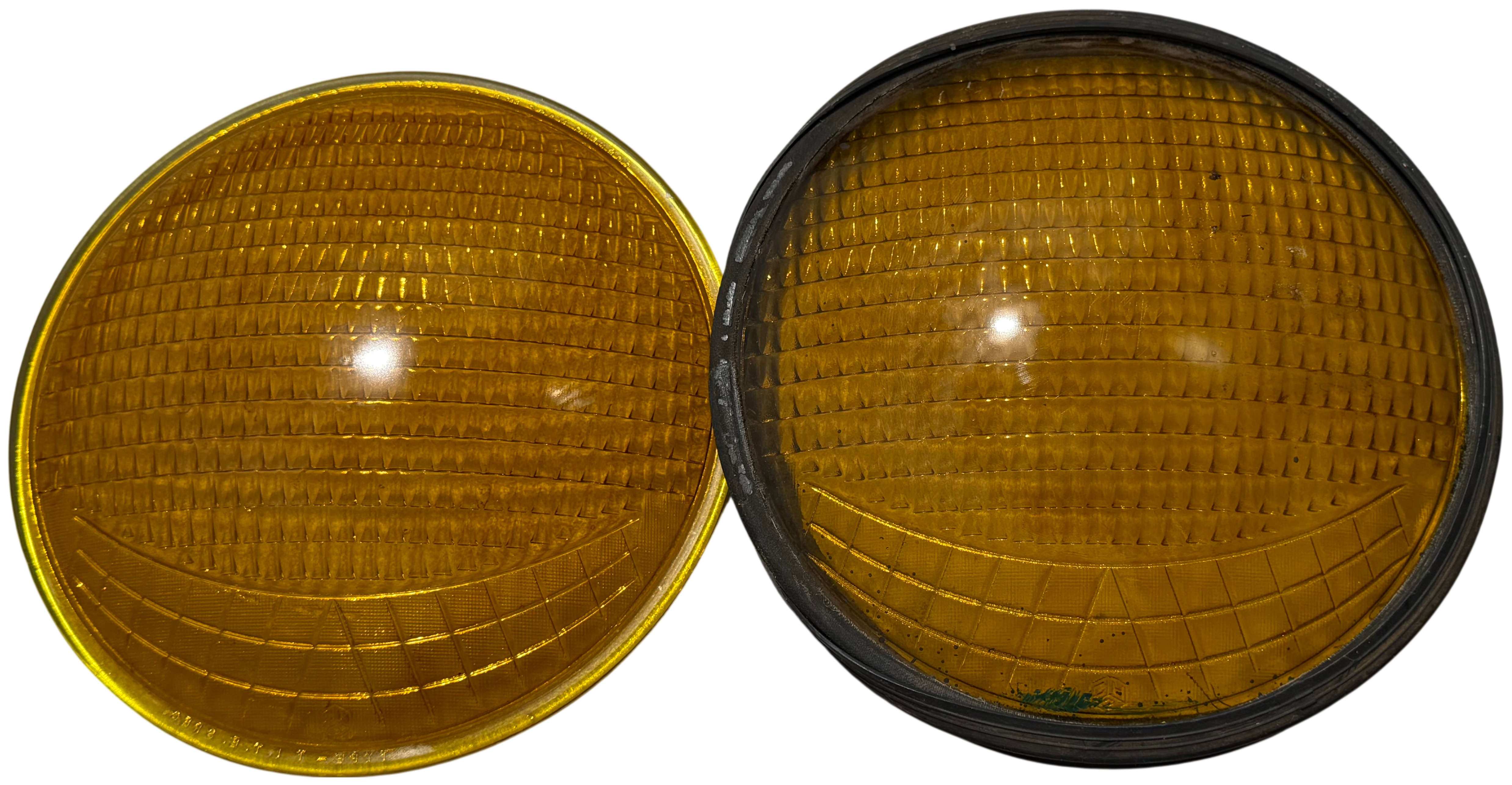 A Pair of Vintage Amber Glass Traffic Signal Lenses, Crouse-Hinds Part Number 553400