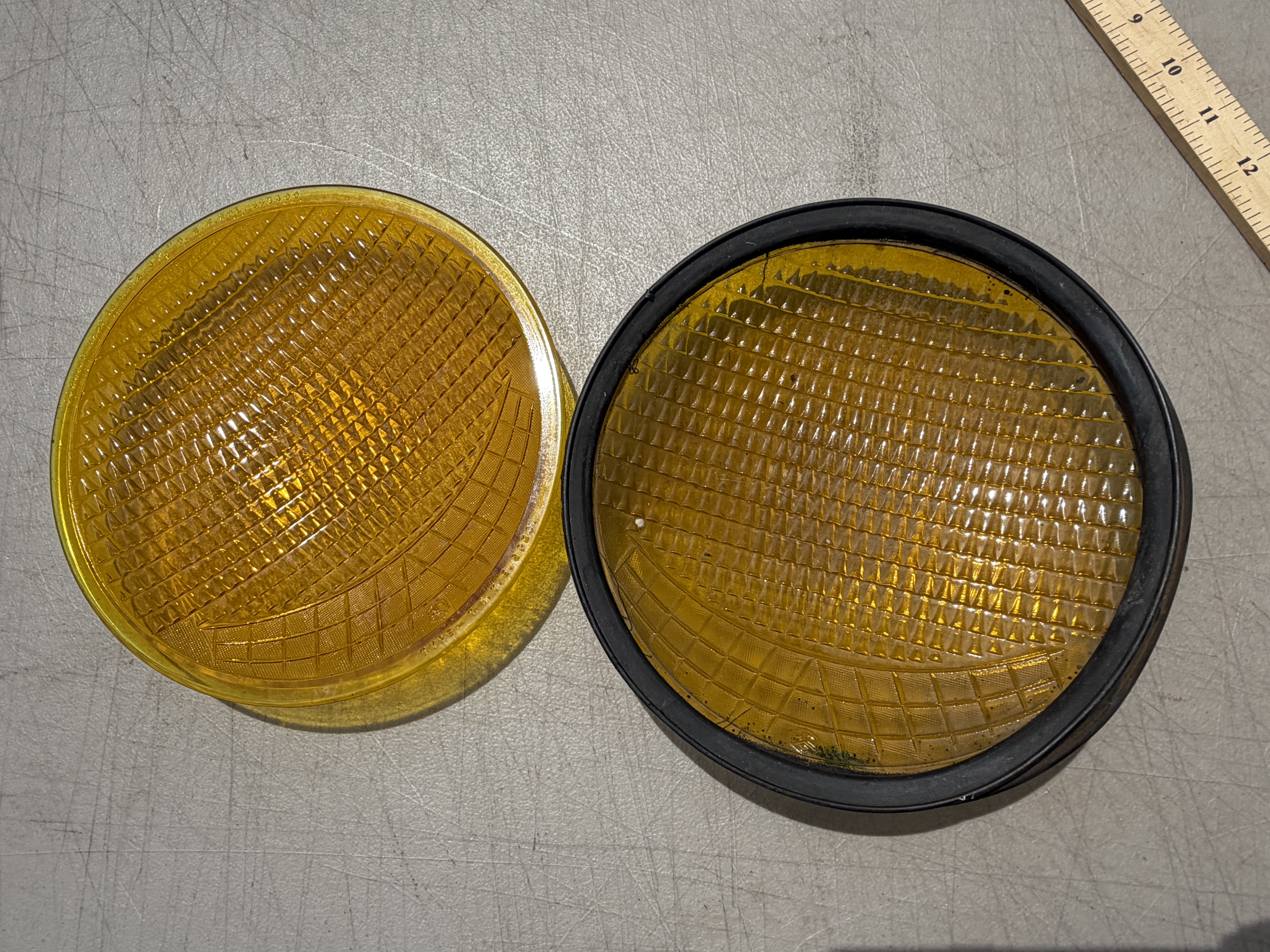 A Pair of Vintage Amber Glass Traffic Signal Lenses, Crouse-Hinds Part Number 553400