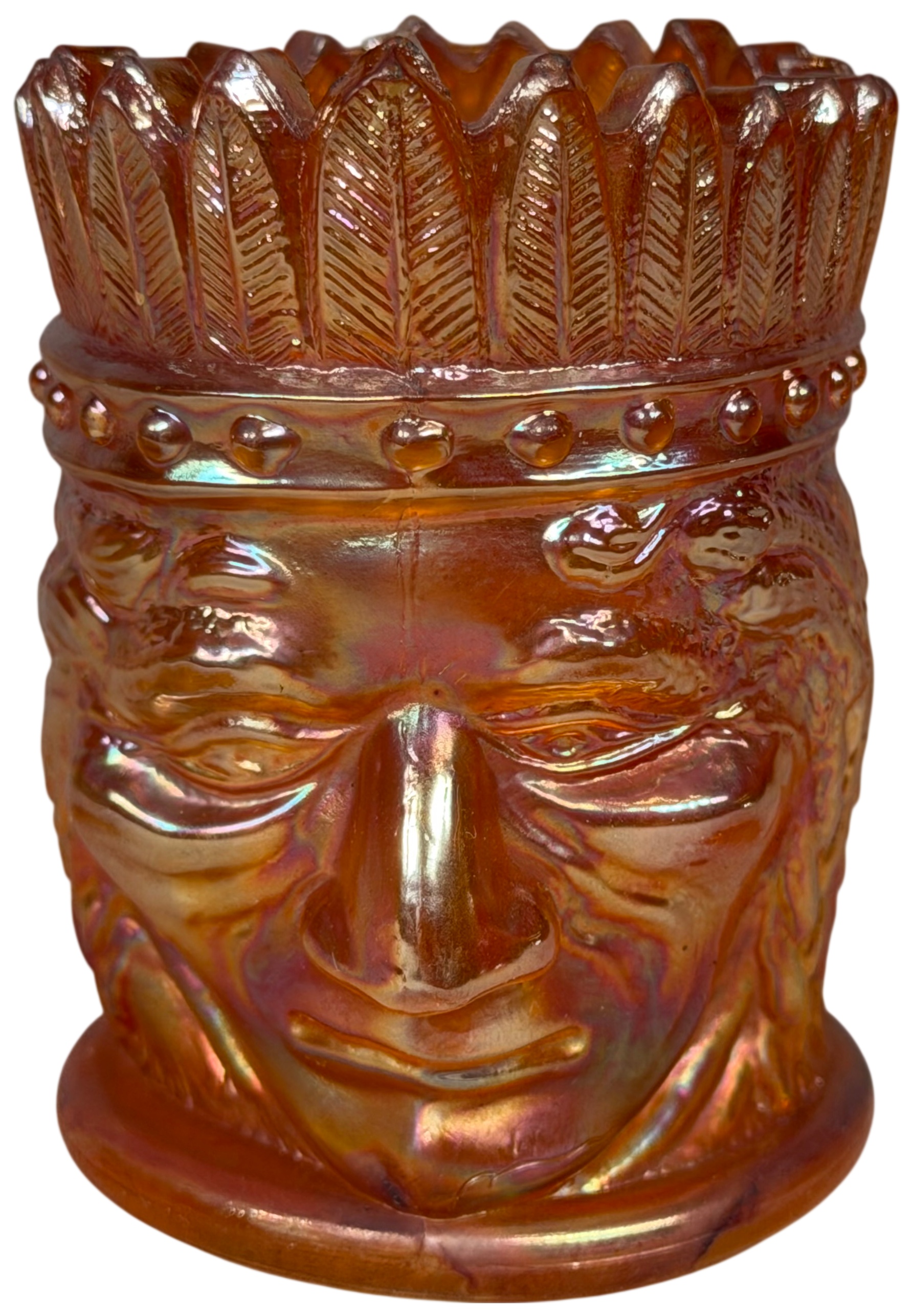 St. Clair Marigold Carnival Glass Indian Head Toothpick Holder, 1977