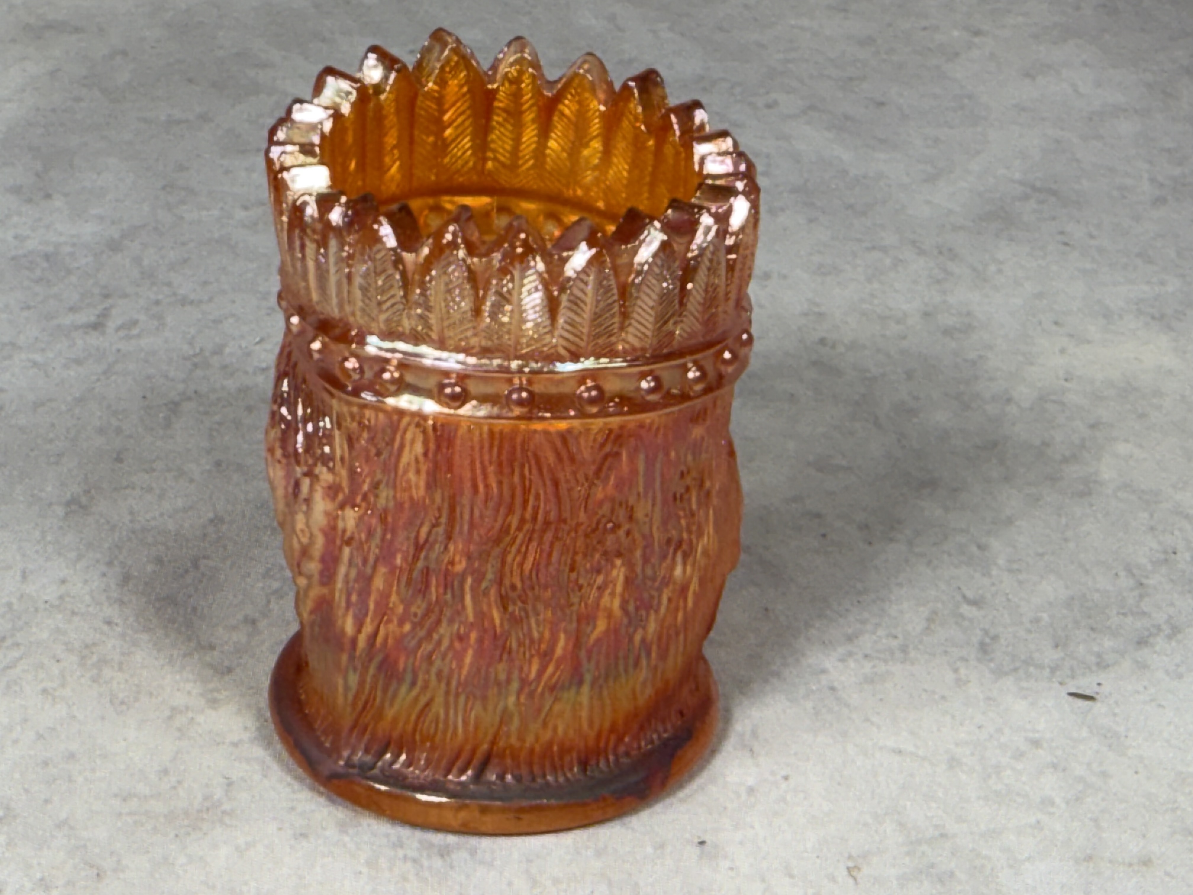 St. Clair Marigold Carnival Glass Indian Head Toothpick Holder, 1977