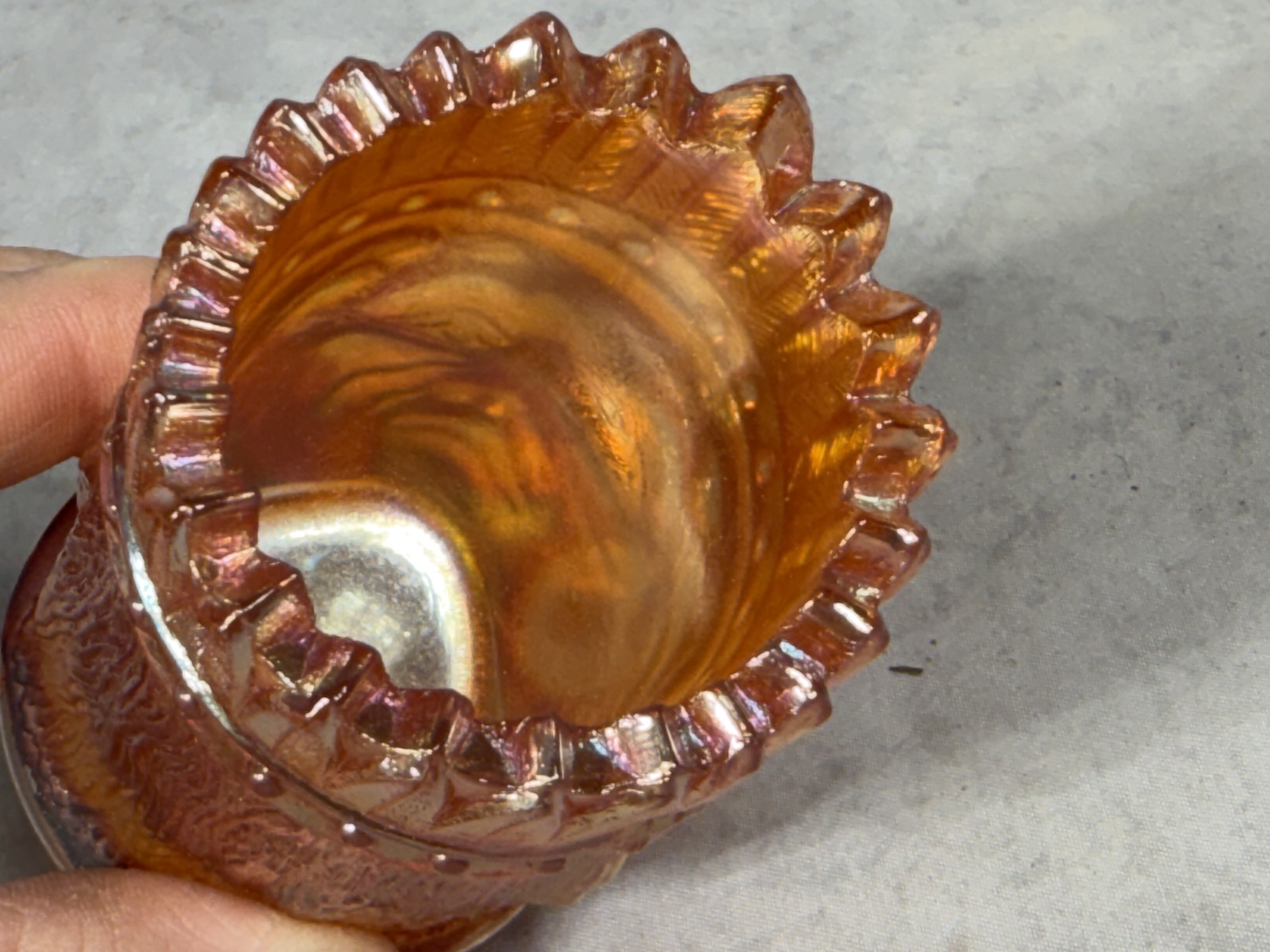 St. Clair Marigold Carnival Glass Indian Head Toothpick Holder, 1977