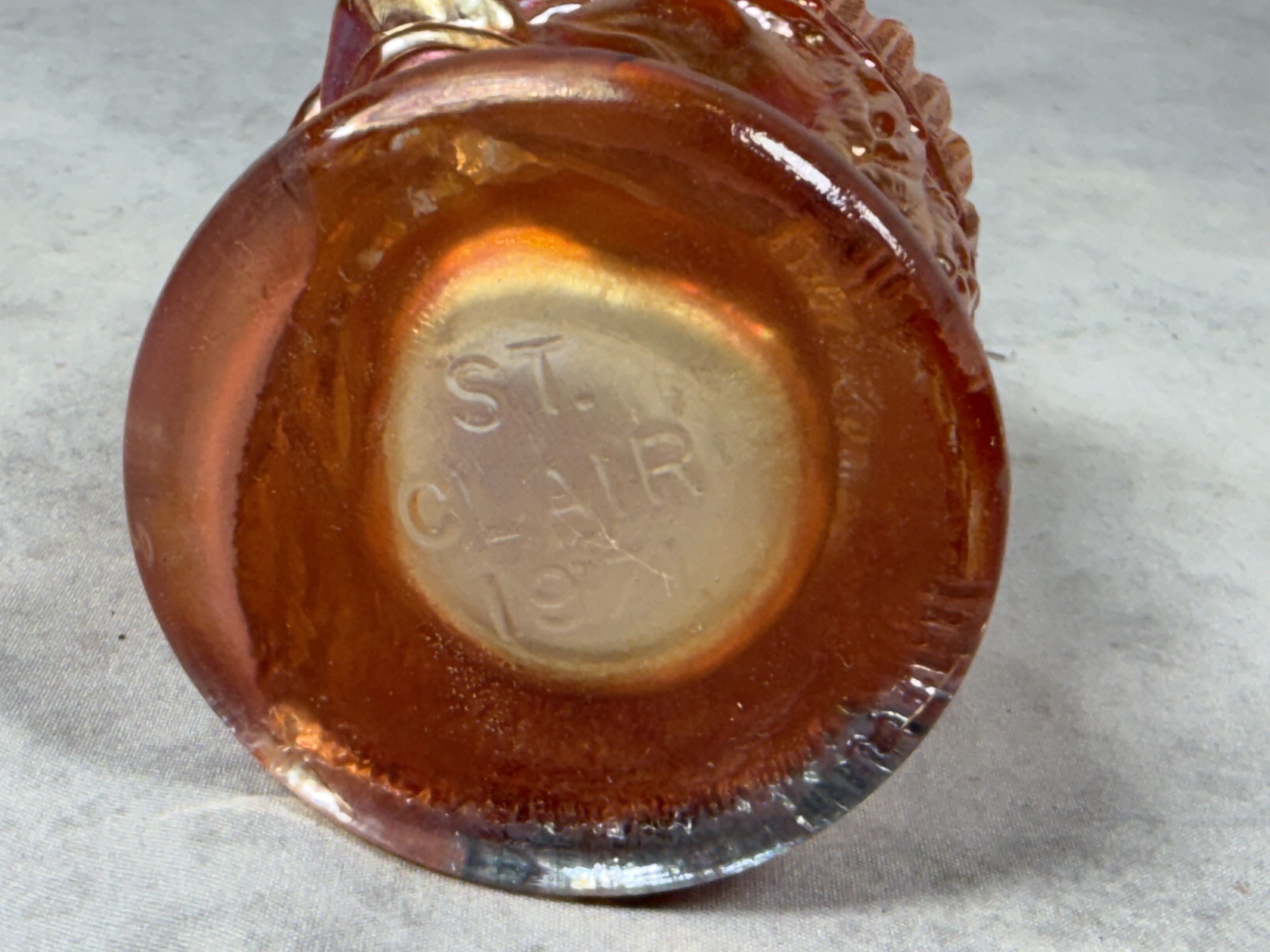 St. Clair Marigold Carnival Glass Indian Head Toothpick Holder, 1977