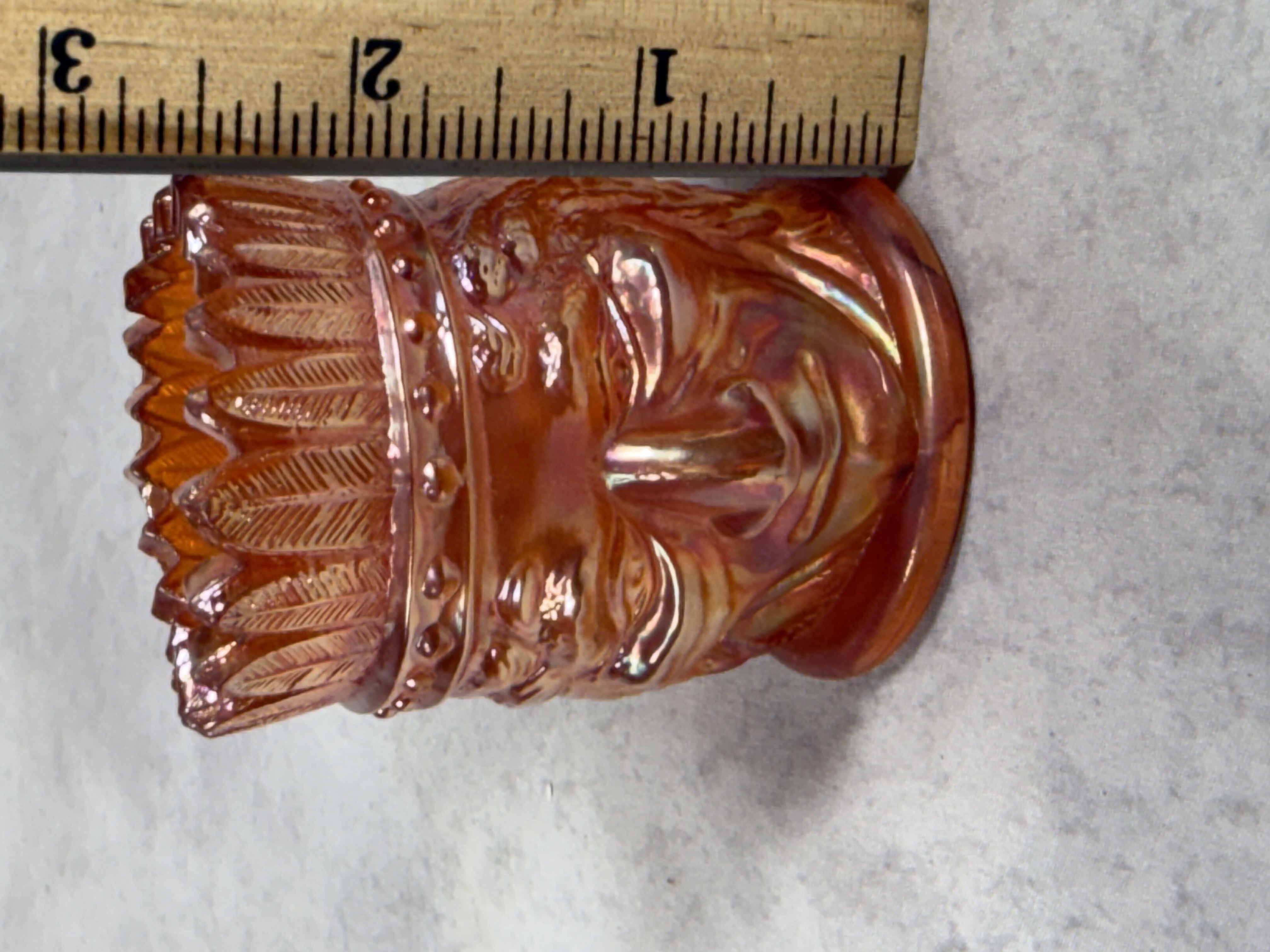 St. Clair Marigold Carnival Glass Indian Head Toothpick Holder, 1977