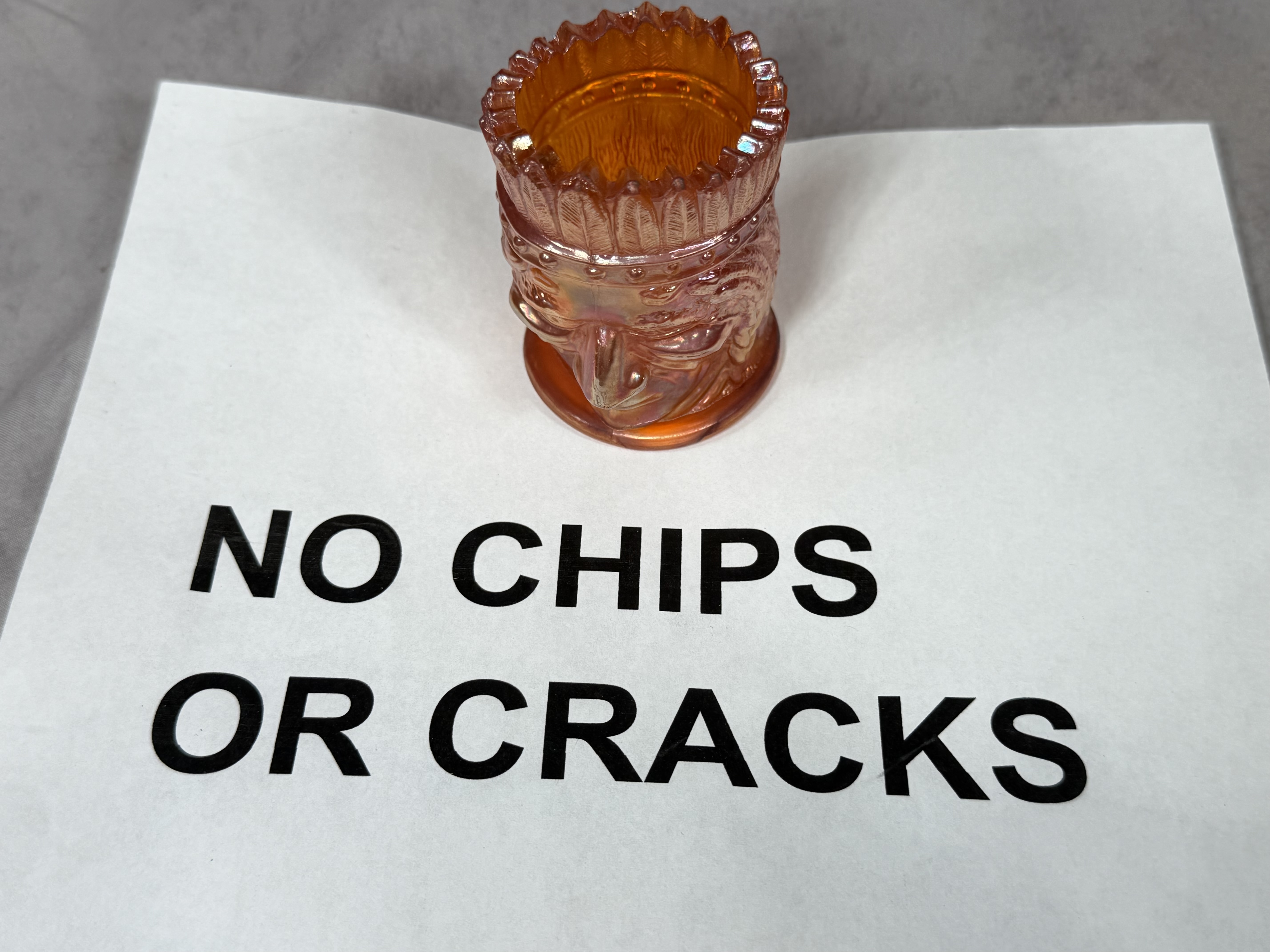 St. Clair Marigold Carnival Glass Indian Head Toothpick Holder, 1977