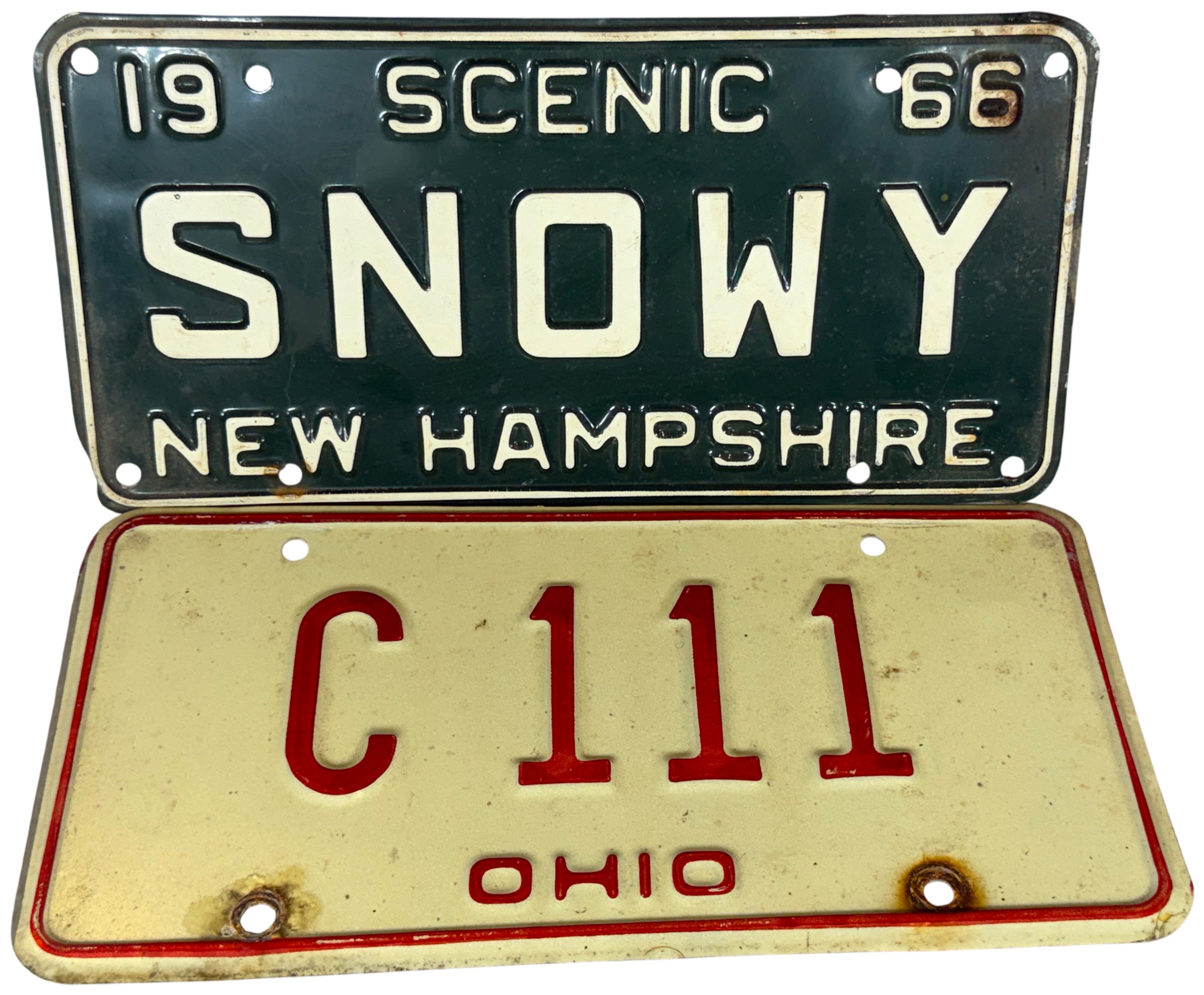 Two Vintage Embossed Metal License Plates, 1966 New Hampshire and Ohio