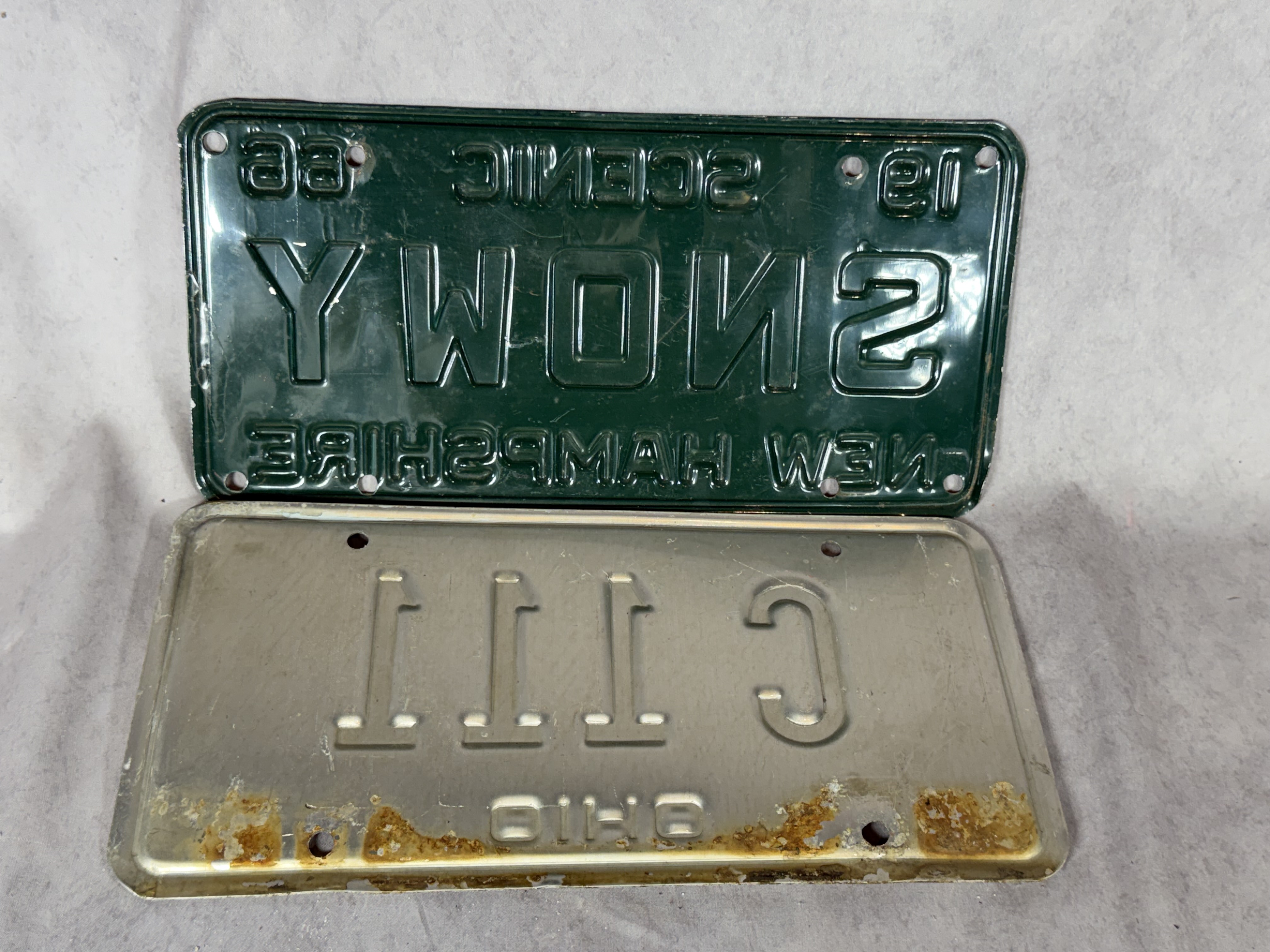 Two Vintage Embossed Metal License Plates, 1966 New Hampshire and Ohio