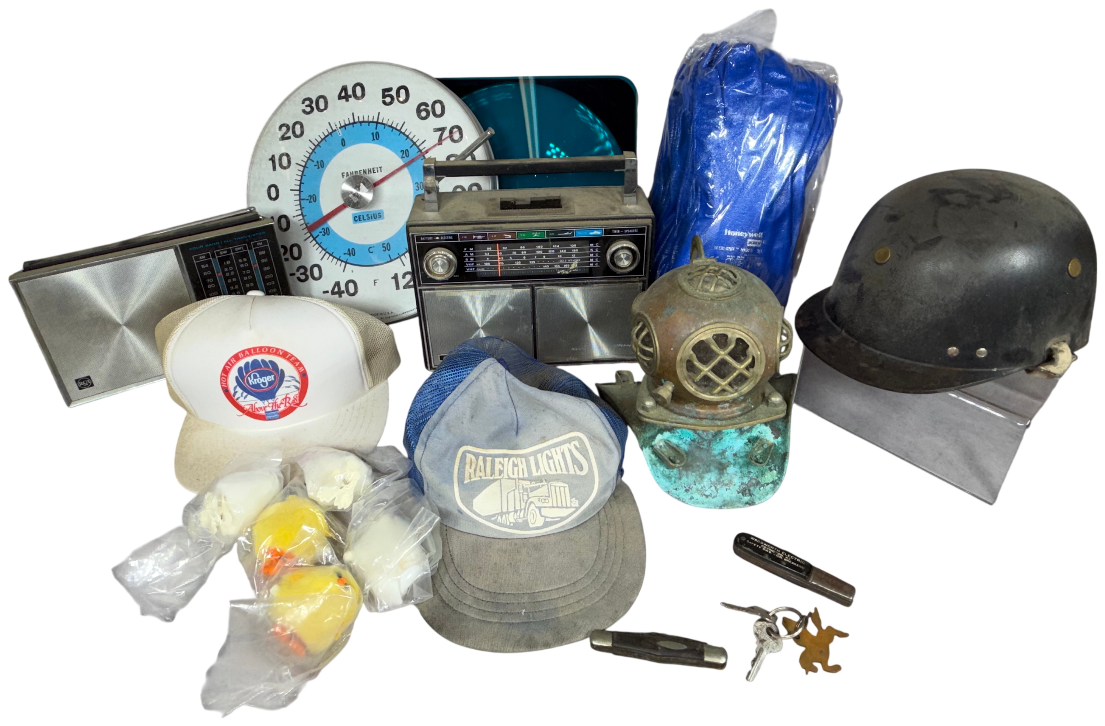 Collection of Vintage Electronics, Industrial Equipment, and Novelty Collectibles including Ohio Thermometer Co. and RCA