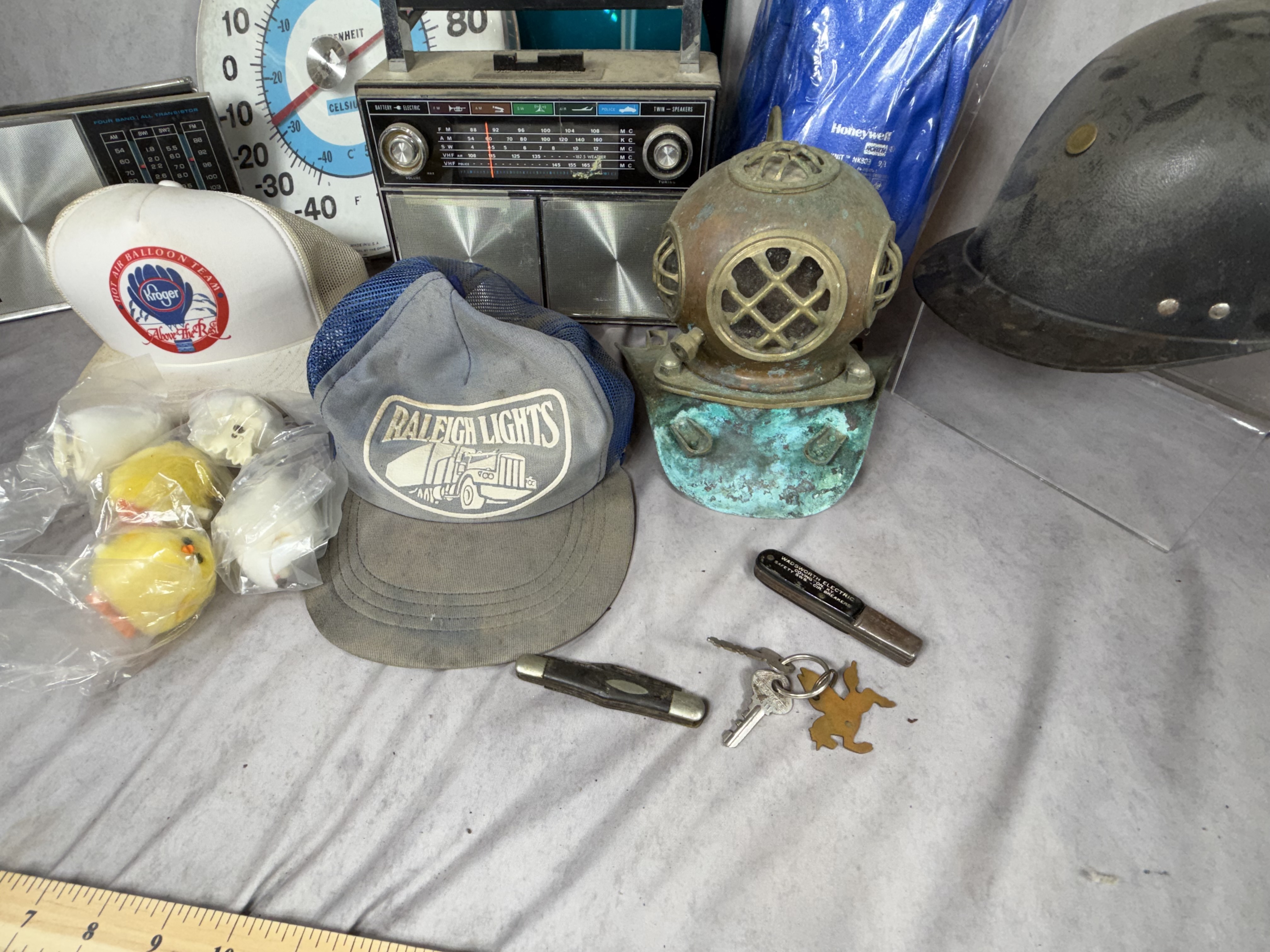 Collection of Vintage Electronics, Industrial Equipment, and Novelty Collectibles including Ohio Thermometer Co. and RCA
