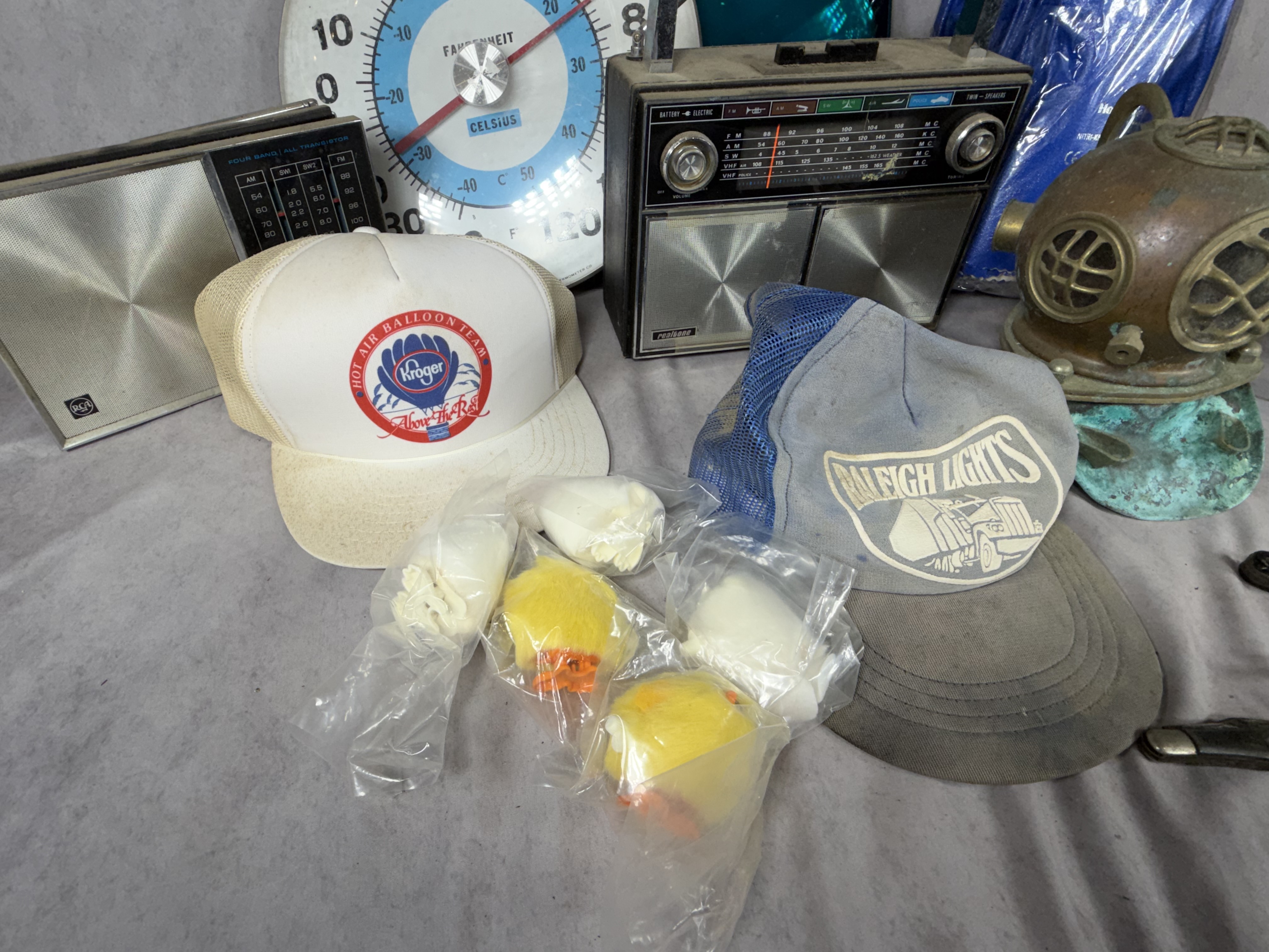 Collection of Vintage Electronics, Industrial Equipment, and Novelty Collectibles including Ohio Thermometer Co. and RCA