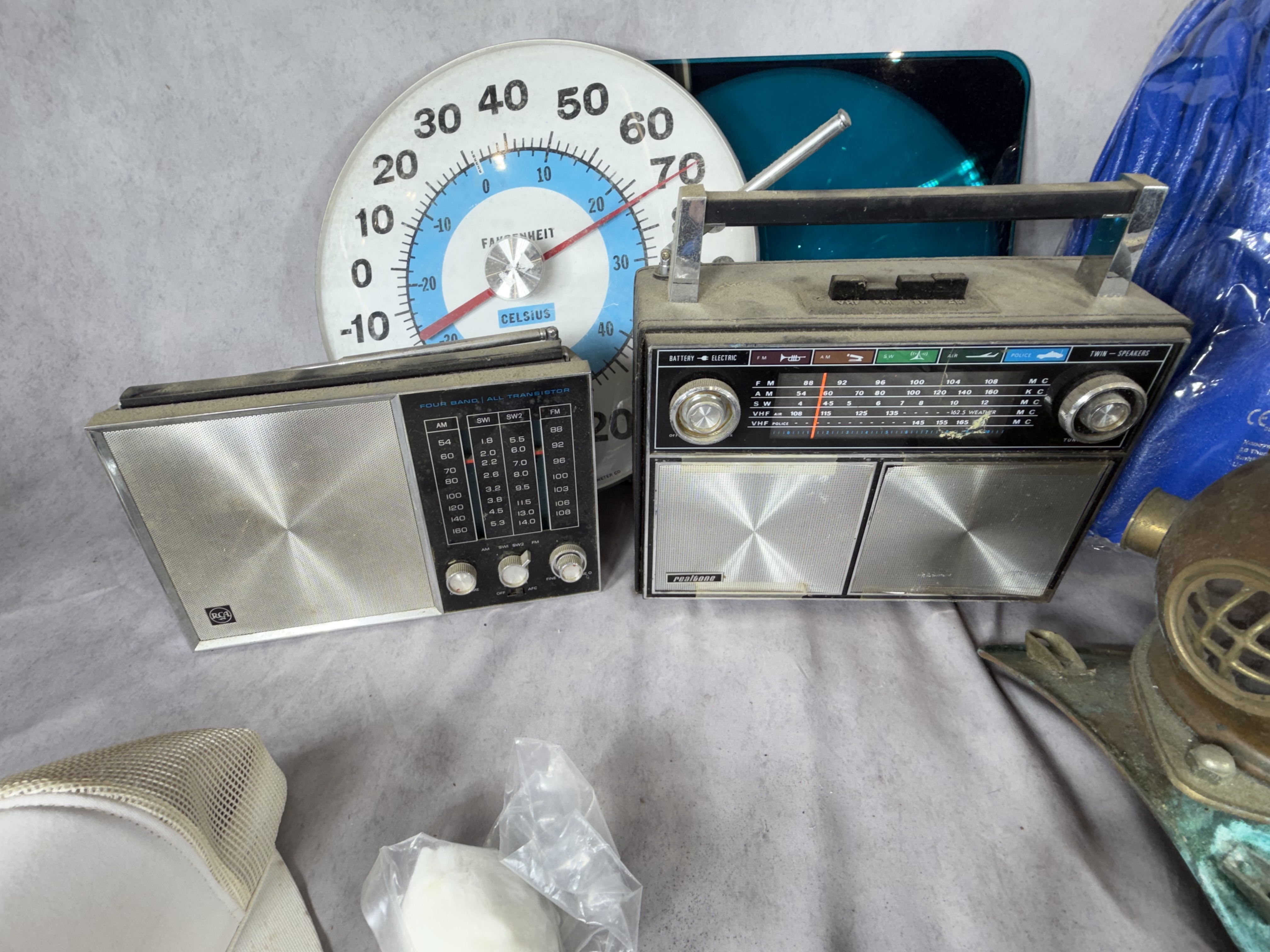 Collection of Vintage Electronics, Industrial Equipment, and Novelty Collectibles including Ohio Thermometer Co. and RCA