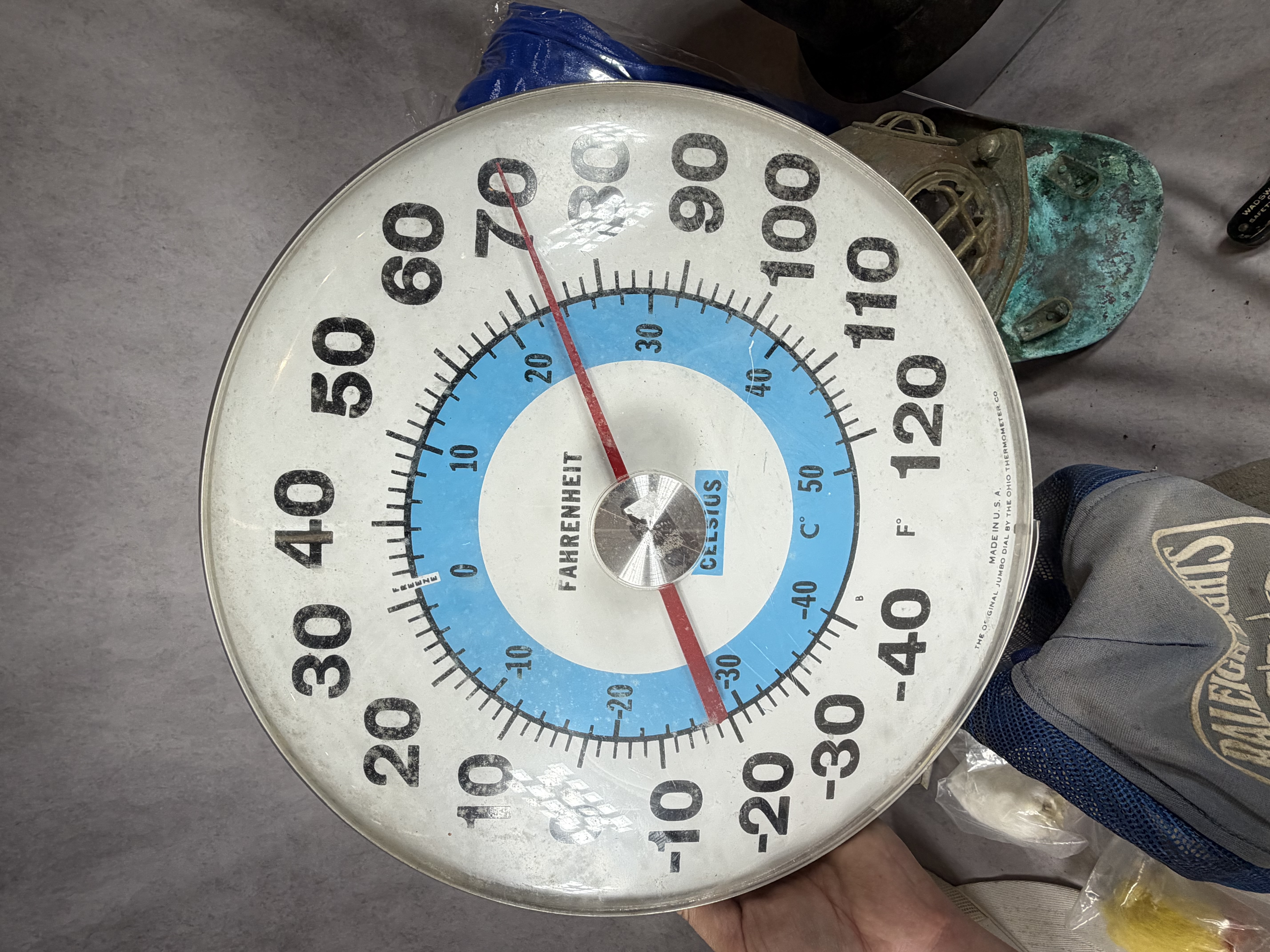 Collection of Vintage Electronics, Industrial Equipment, and Novelty Collectibles including Ohio Thermometer Co. and RCA