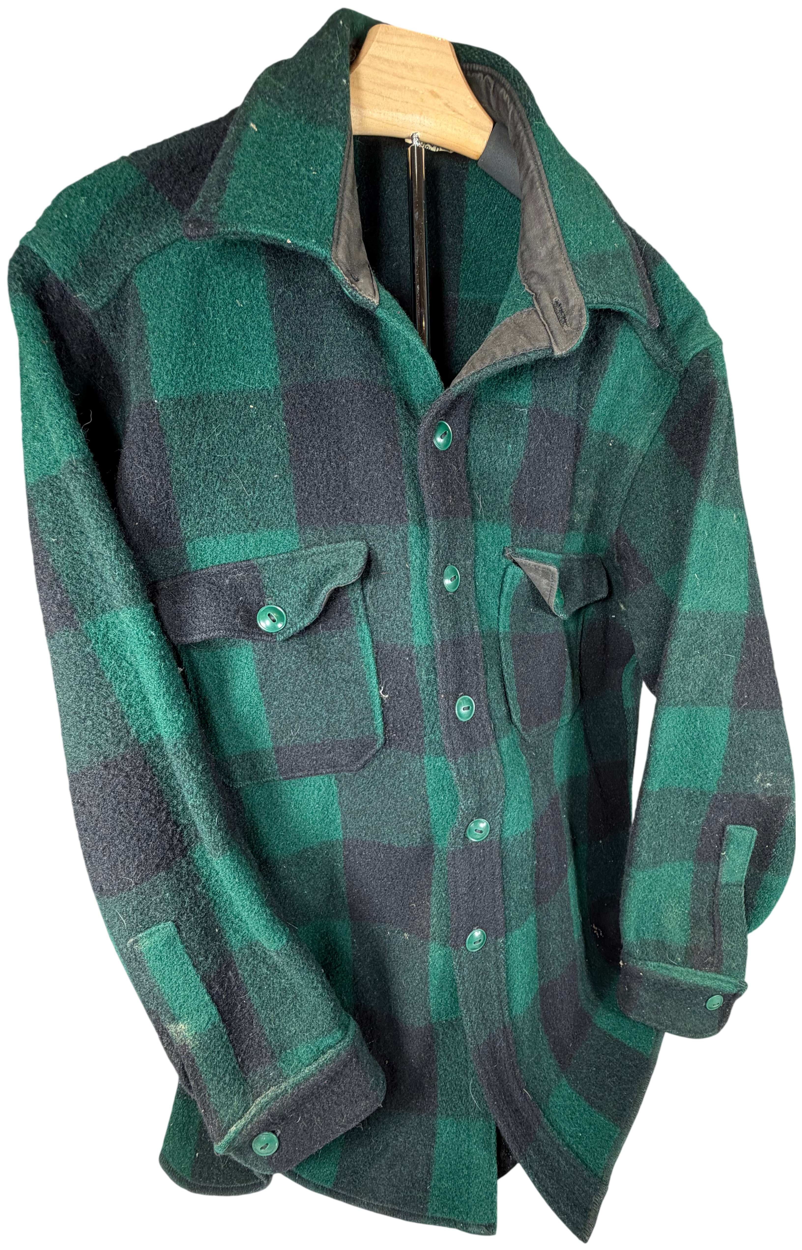 Vintage Woolrich Green and Black Buffalo Plaid Wool Shirt Jacket Size 17