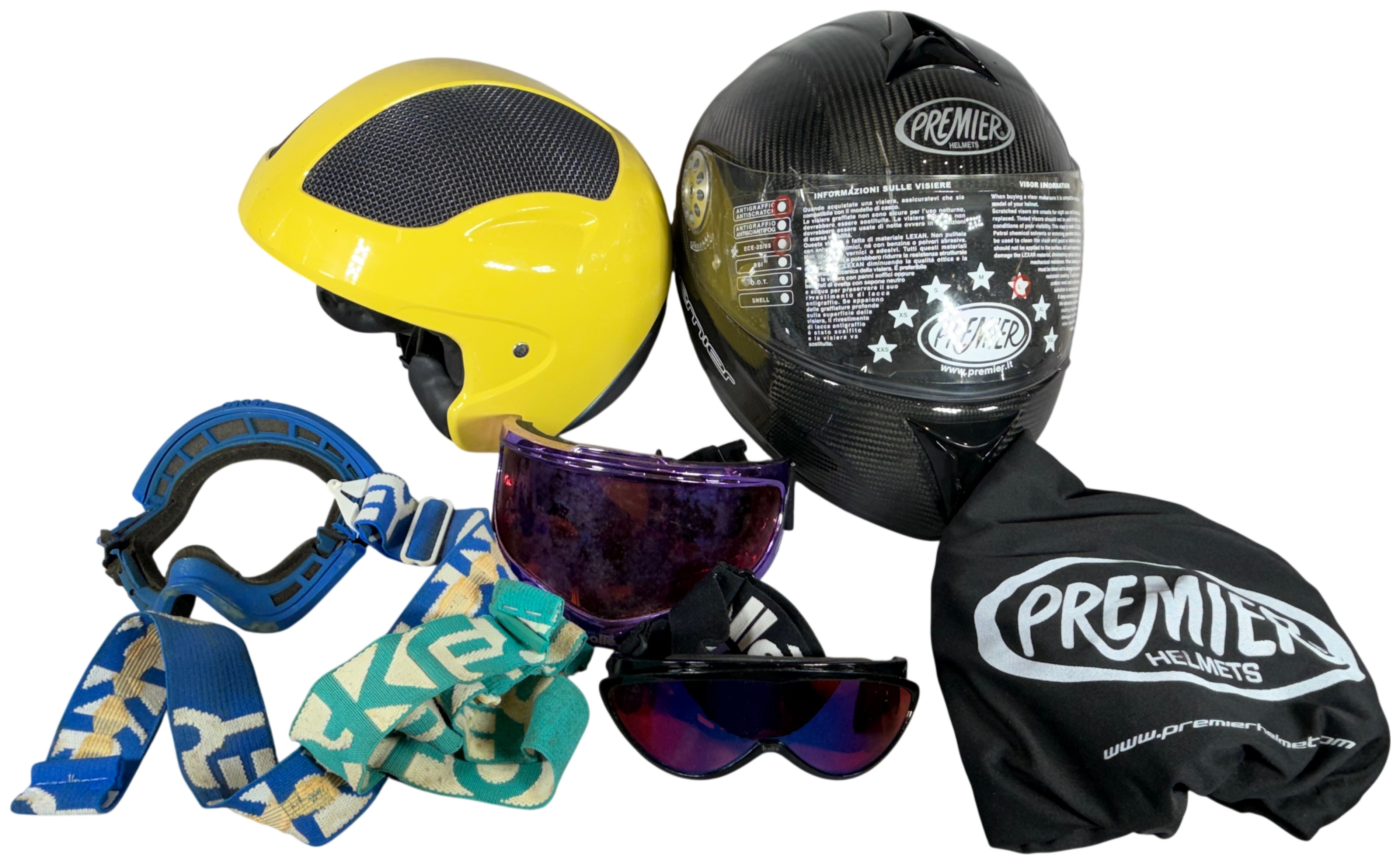 An Assortment of Sporting and Motorcycle Safety Gear Including BMW and Premier Helmets and Goggles