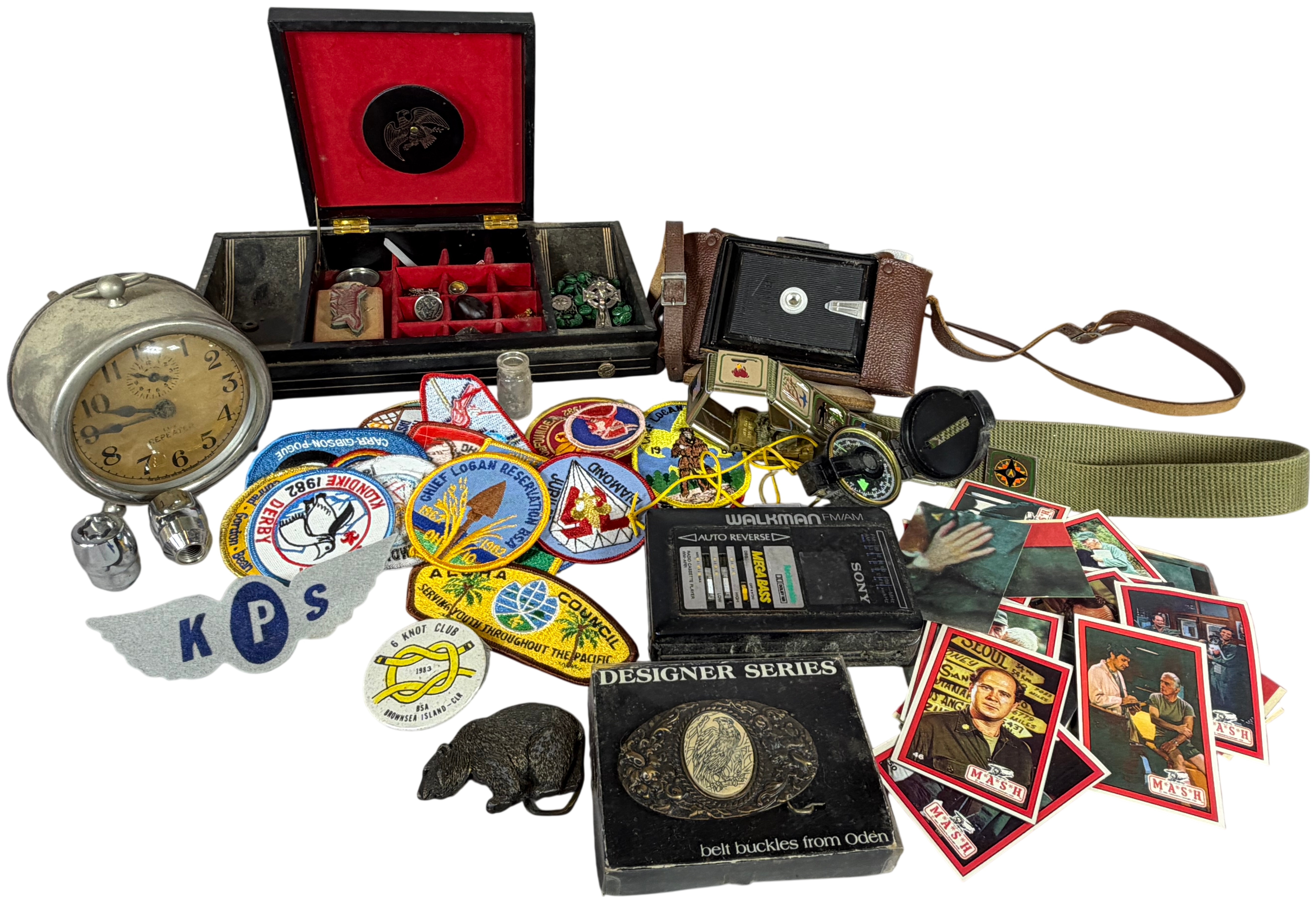 An Assortment of Vintage Scouting Memorabilia, Sony Walkman, and Various Collectibles
