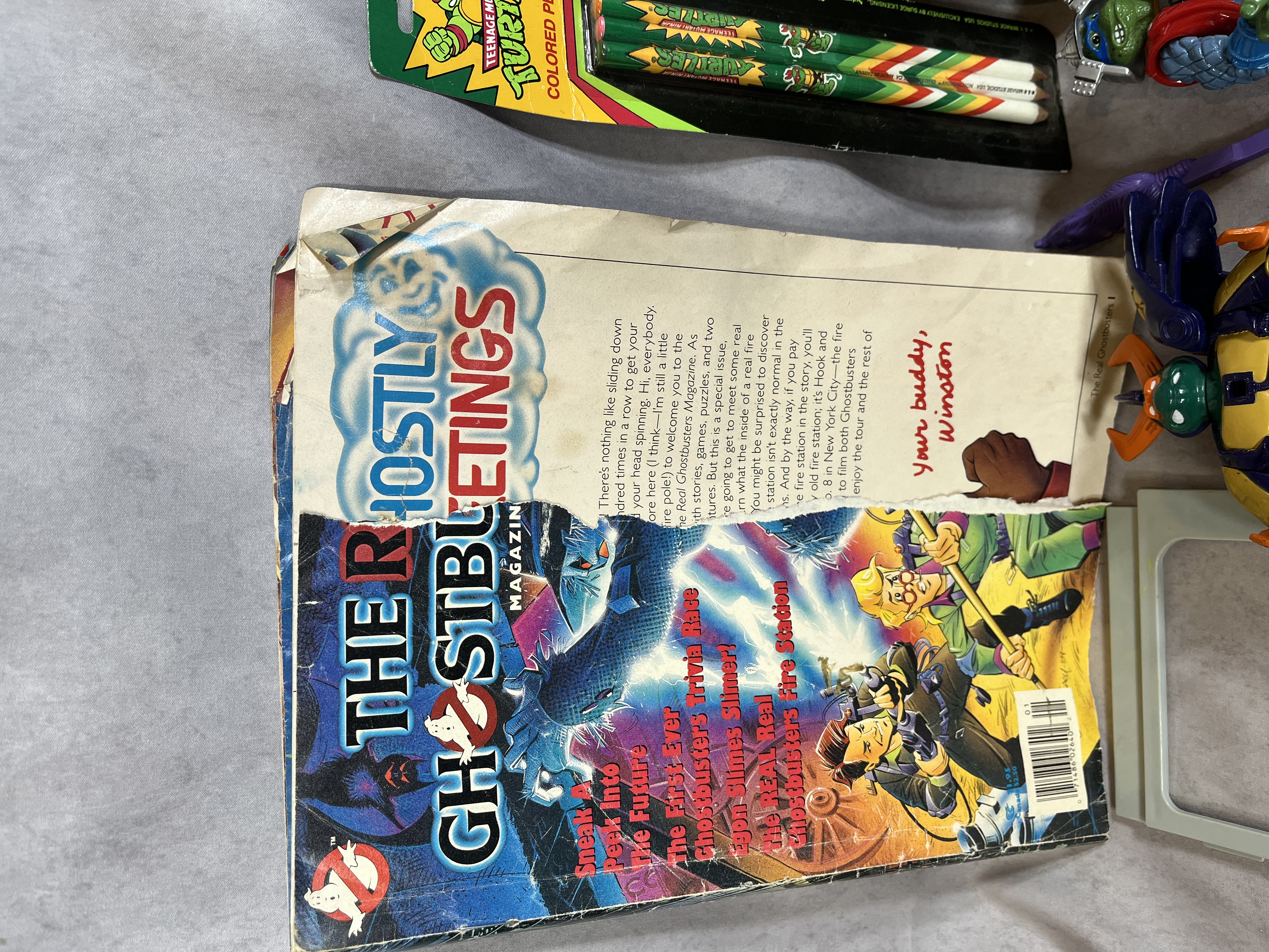 A Collection of Vintage Teenage Mutant Ninja Turtles Playmates Toys Action Figures, Vehicles, and Real Ghostbusters Ephemera