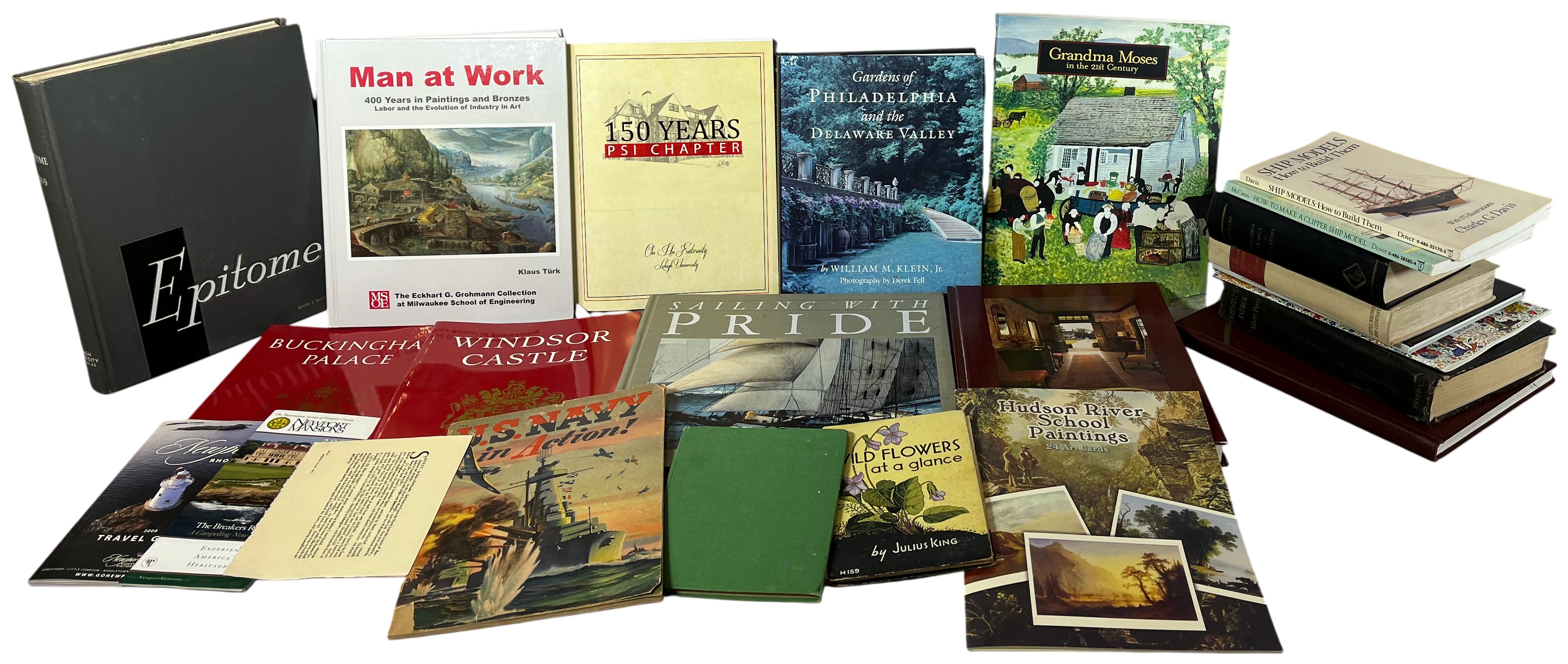 A Collection of Books and Ephemera including Art History, Maritime Modeling, and Collegiate Interests. (DJ)