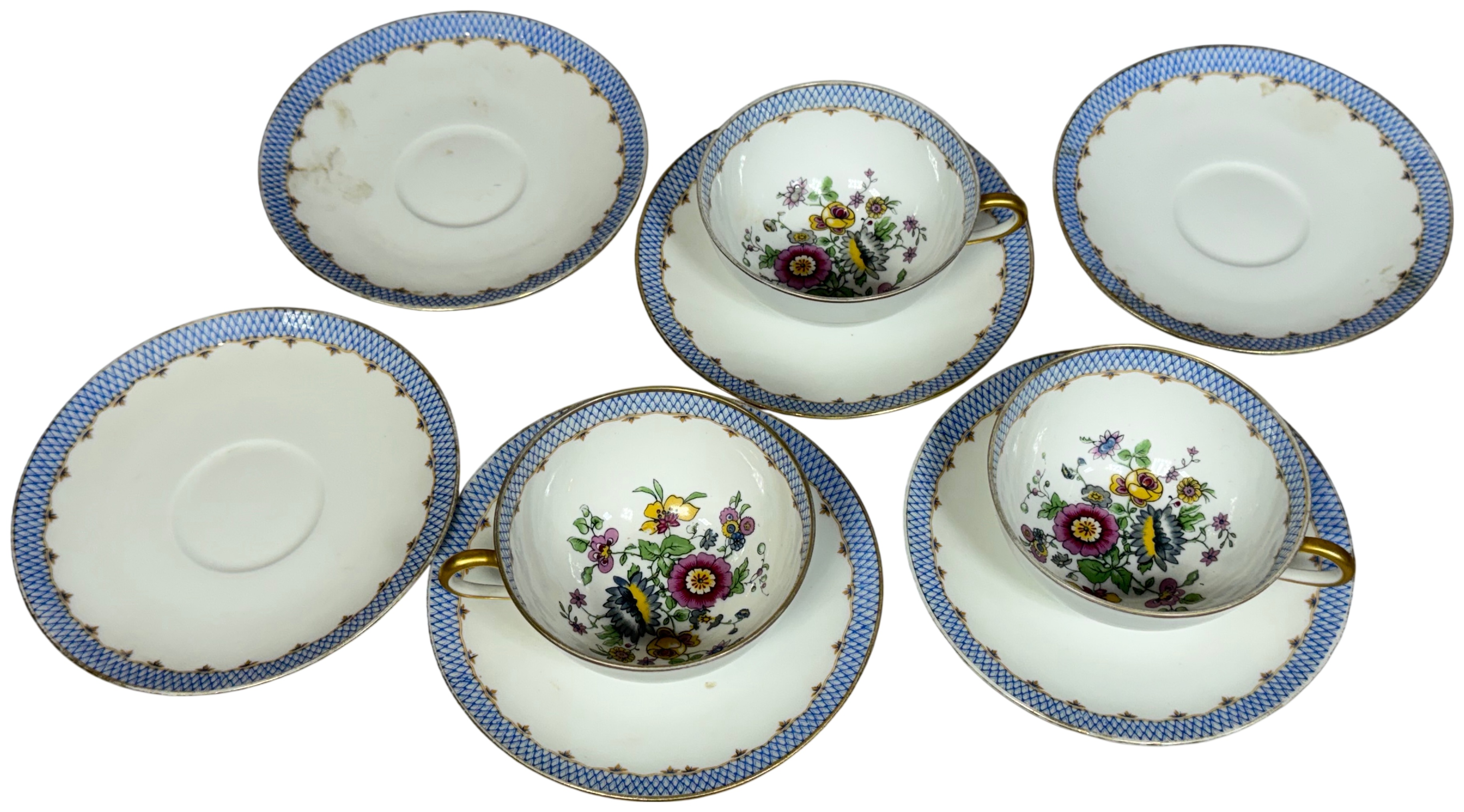 A Set of Charles Ahrenfeldt Limoges Porcelain Teacups and Saucers for Wright Tyndale and Van Roden